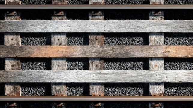 sleepers. Top-down view of parallel railway tracks and wooden sleepers creating geometric lines. mobility guides, transit brochures, designed for mobility and urban transit guides.