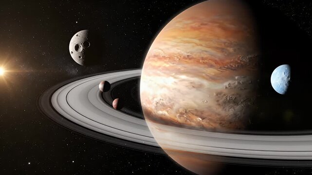 Saturn planet with rings and moons in a dark, vast, and beautiful universe.