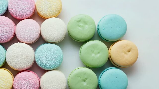 Rows of Pastel Colored Macarons Sprinkled with Powdered Sugar Close Up