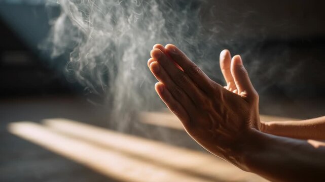 Yoga Prayer Pose with Incense Smoke / お香の煙とヨガの祈りのポーズ1