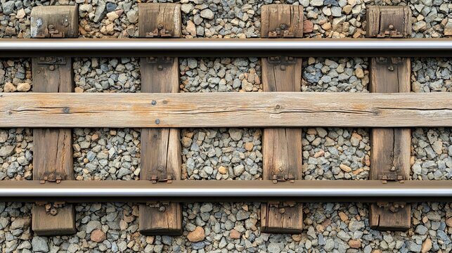 sleepers. Top-down view of parallel railway tracks and wooden sleepers creating geometric lines. mobility guides, transit brochures, designed for mobility and urban transit guides.