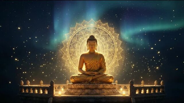 The spiritual golden statue of mahavir sits meditating, illuminated by a glowing mandala against a mystical, blue aurora sky.