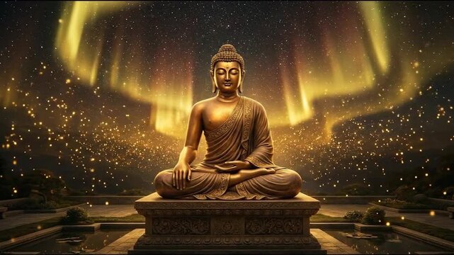 A majestic golden mahavira statue sits in meditation under dramatic celestial light, commemorating mahavir jayant janma kalyanak.