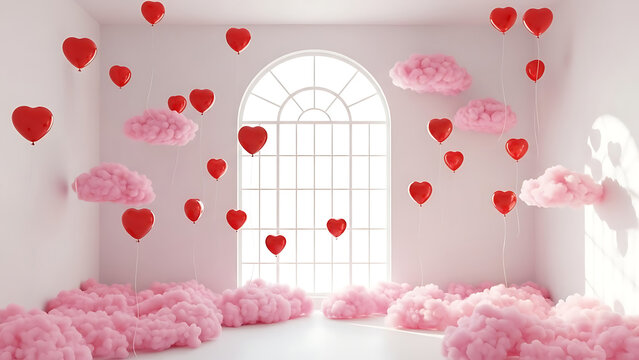 Romantic room with heart balloons and pink clouds