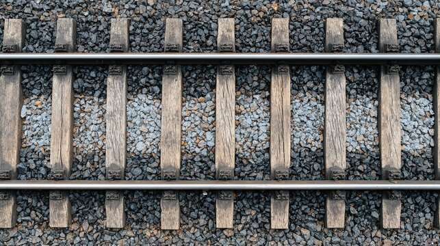 sleepers. Top-down view of parallel railway tracks and wooden sleepers creating geometric lines. mobility guides, transit brochures, designed for mobility and urban transit guides.