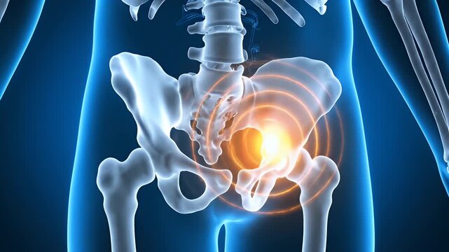 Pelvic pain radiating from the hip joint in a transparent human skeleton model.