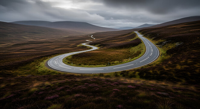 Winding road through Scottish Highlands moorland under dramatic