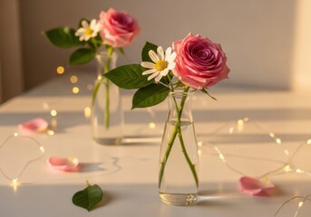 Fototapeta premium Two glass vases with pink roses and daisies on a white table with fairy lights and scattered rose petals