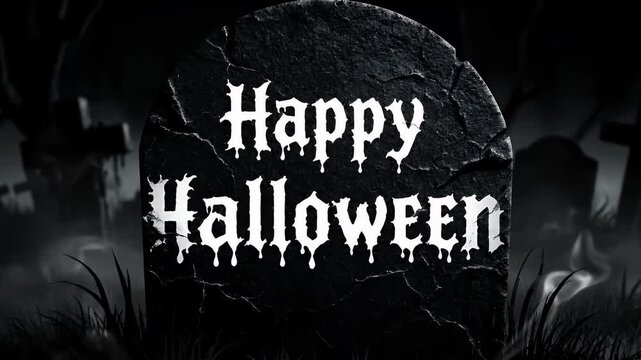Happy Halloween message on a tombstone in a spooky graveyard at night.