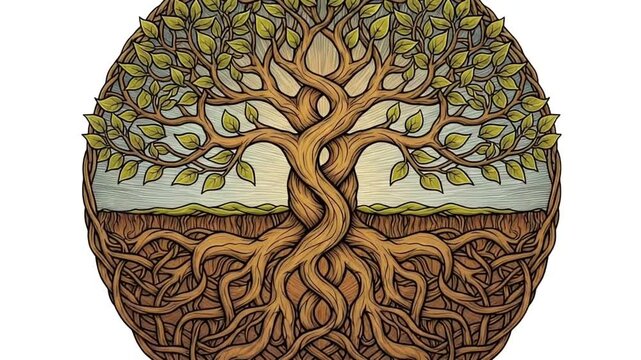 Intricate Tree of Life Symbol with Detailed Roots and Branches.