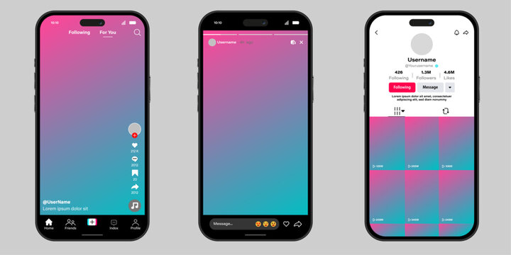 tiktok Three modern smartphone screens display a mockup of a short-form video social media application interface, showcasing the main feed, story viewer, and user profile page 