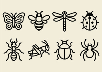 Outline Collection of Butterfly, Bee, Dragonfly, and Ladybug Icons
