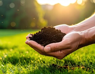 Fototapeta premium hands holding soil with lush green nature background