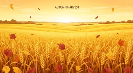 Golden Autumn Wheat Field with Leaves.