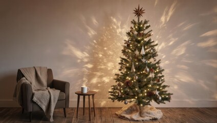 Warm Christmas tree in a cozy room. Sunlight casts shadows on the wall