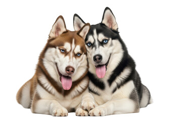 Fototapeta premium Two siberian husky dogs lying together with their tongues out, adorable friendship moment captured, isolated on transparent background