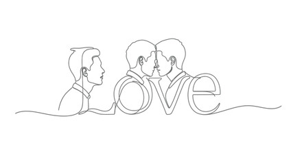 Continuous line art illustrating same-sex male affection and commitment forming the word love with a third figure looking on thoughtfully.