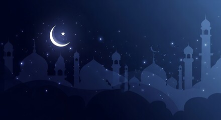 Islamic Cityscape with Crescent Moon Night Sky.