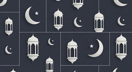 Islamic Pattern with Lanterns and Crescent Moon.