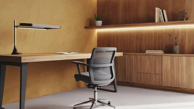 Modern Minimalist Home Office Workspace With Wooden Desk And Chair