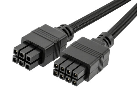 Black braided computer power supply extension cables with connectors on a transparent background