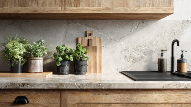 Modern kitchen countertop with plants, cutting boards, and sink area