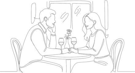 Obraz premium Continuous line drawing captures a romantic moment between a smiling couple sharing wine and holding hands across a small table with a single rose centerpiece.