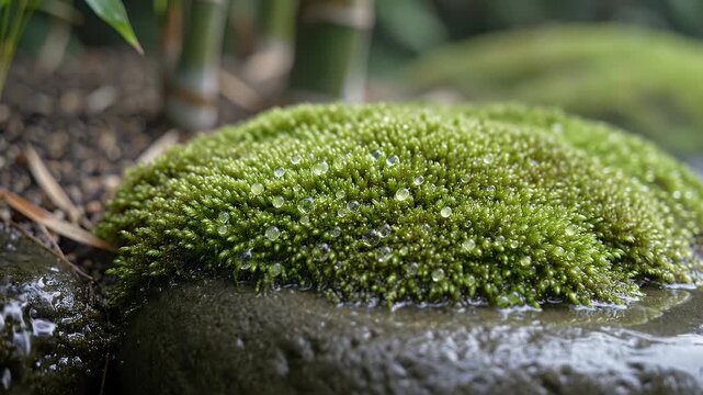 Close-up of vibrant green moss growing on a wet rock surface in nature.