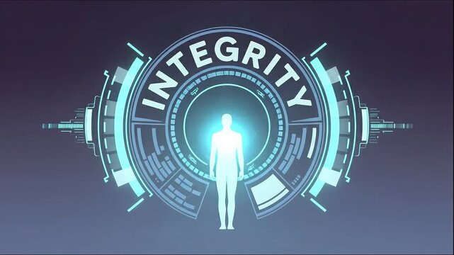 Integrity: A radiant humanoid figure stands at the core of a futuristic digital interface, with the word INTEGRITY emblazoned prominently, symbolizing trustworthiness and moral soundness.