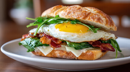 Delicious breakfast sandwich stacked with bacon, spinach, cheese, and a fried egg served on a rustic plate
