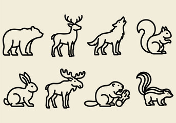 Wildlife Icons Set Minimalist Forest Animals Line Art Collection