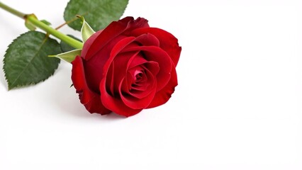A vibrant red rose with a green stem lies on a pristine white background, evoking themes of love, romance, and classic elegance perfect for Valentine's Day designs.