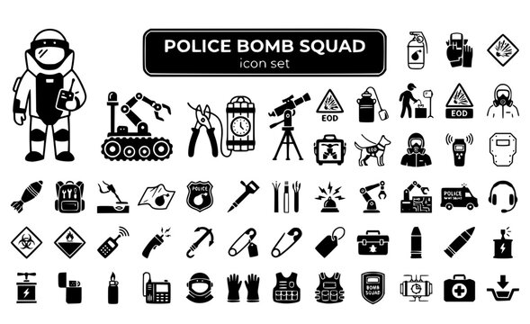 Police Bomb Squad Explosive Disposal EOD Technician Suit Detection Robot Hazmat Defusing Ordnance Safety Unit Vector Icon Set - Bomb Disposal