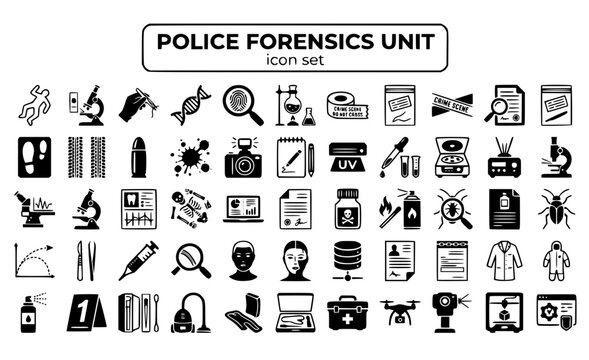 Police Forensics Unit Crime Scene Investigation CSI Evidence DNA Fingerprint Analysis Lab Science Testing Investigator Vector Icon Set - Forensic Investigation