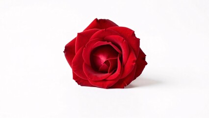 Fototapeta premium A vibrant red rose with a green stem lies on a pristine white background, evoking themes of love, romance, and classic elegance perfect for Valentine's Day designs.