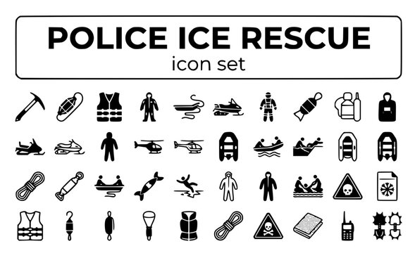 Police Ice Rescue Emergency Cold Water Frozen Safety Equipment Winter Response Operation Law Enforcement Recovery Vector Icon Set - Ice Rescue