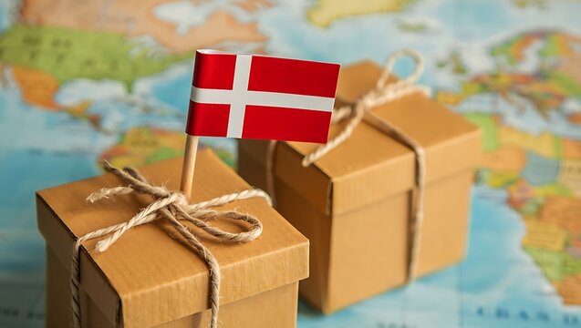 Small Danish Flag on of Stacked Brown Cardboard Shipping Boxes Against Map Background