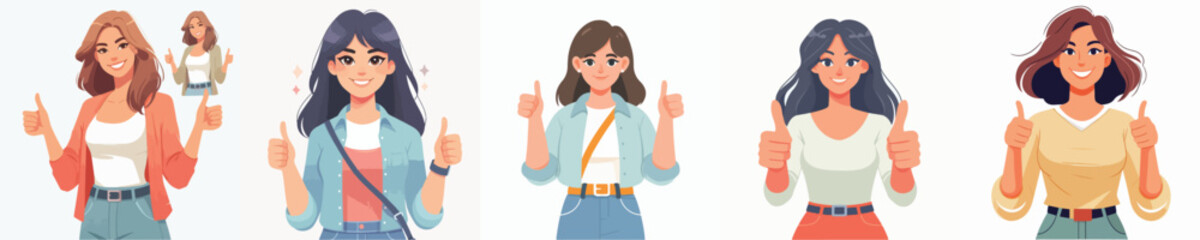VECTOR OF A WOMAN RAISING THUMBS UP ON A WHITE BACKGROUND FLAT DESIGN