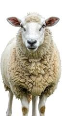 Fototapeta premium A white sheep with fluffy fur standing on a plain white background