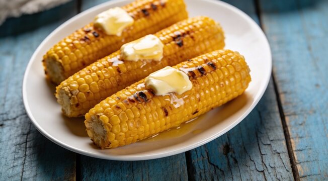 Fresh grilled corn cobs with butter on blue wooden table, closeup
