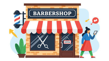 Modern barbershop storefront with red and white striped awning and a woman walking past while checking her mobile phone.