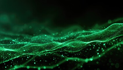Glowing green particles forming fluid, wavy patterns against a dark background, suggestive of energy