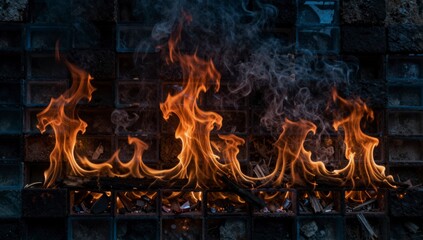 Intense orange flames and gray smoke rise from burning debris within a dark textured glass block wall