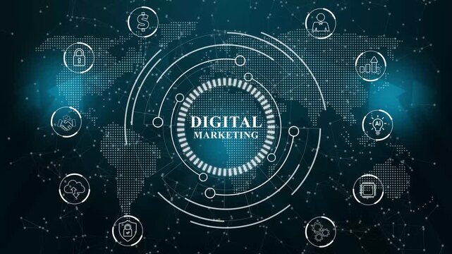 glowing neon digital marketing concept with thin line icons on black background. Infographic design. Abstract technology data connection symbols on a deep cyan color background.