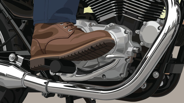 Close up of a motorcyclist wearing a brown leather boot shifting gears on a large chrome engine motorcycle parked outdoors.