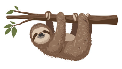 Obraz premium Cute brown sloth with a peaceful expression hanging upside down from a tree branch with green leaves against white background.