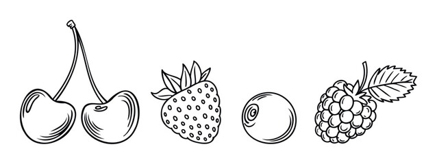 A graphic collection of fresh berries featuring ripe cherries, a juicy strawberry, a round blueberry, and a bumpy raspberry, ideal for culinary projects, menu presentations, and healthy