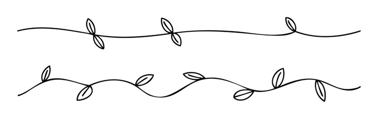 Naklejka premium Decorative hand drawn botanical line dividers featuring delicate leaves on a continuous wavy branch perfect for elegant borders text separation and nature themed graphic design projects