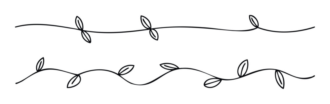 Decorative hand drawn botanical line dividers featuring delicate leaves on a continuous wavy branch perfect for elegant borders text separation and nature themed graphic design projects