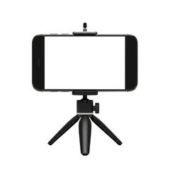 Smartphone on Mini Tripod with Blank Screen Isolated on White: Vlogging and Content Creation Mockup.